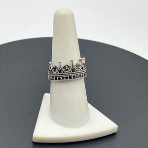 Princess Crown Sterling Silver Marcasite Black Stone Vintage Oxidized Ring 8.5‎